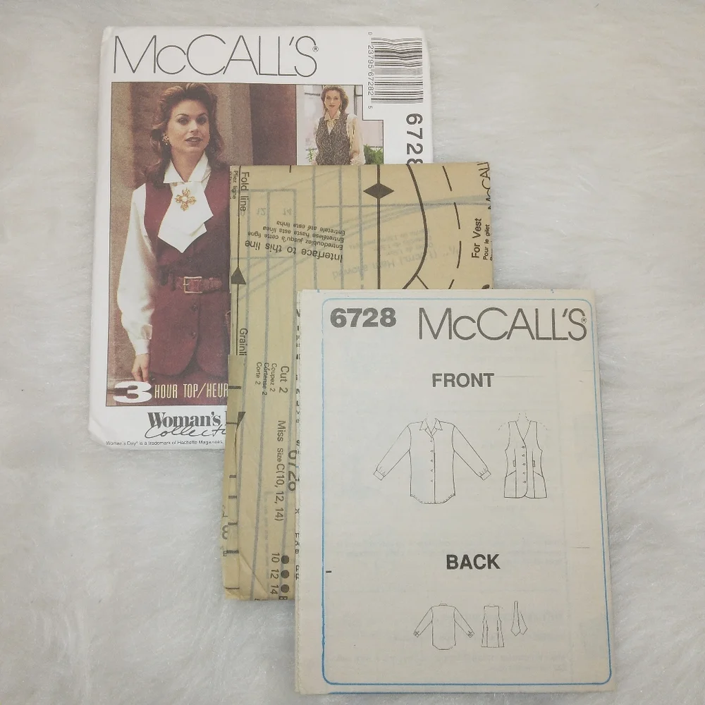 McCall's 6728 3hr Misses unlined vest, Shirt, ascot size 10-12-14